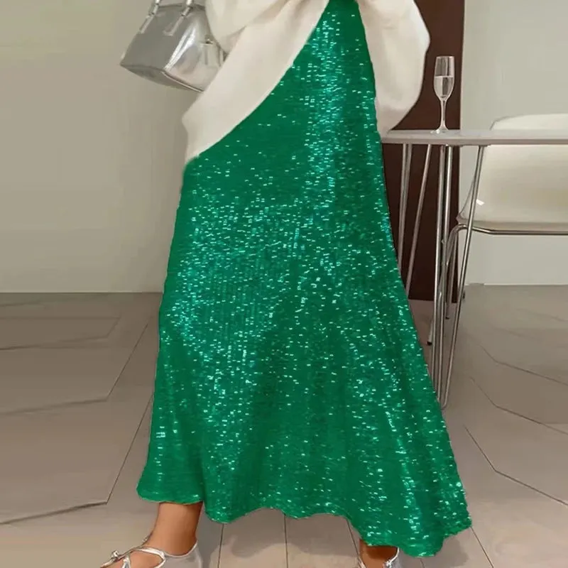 UAKISS  -  2024 Spring Glitter Sequin Shiny Women Skirts Elegant High Waist Slim A-Line Long Skirt New Summer Sexy Streetwear Ladies Skirts
