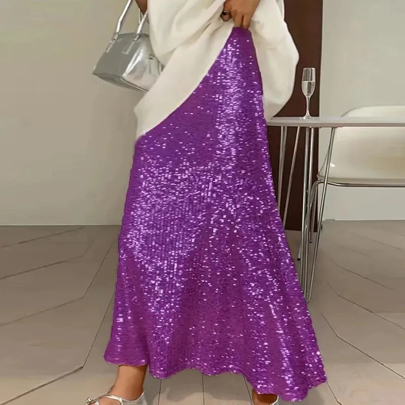 UAKISS  -  2024 Spring Glitter Sequin Shiny Women Skirts Elegant High Waist Slim A-Line Long Skirt New Summer Sexy Streetwear Ladies Skirts