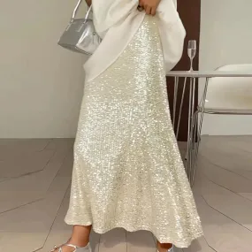 UAKISS  -  2024 Spring Glitter Sequin Shiny Women Skirts Elegant High Waist Slim A-Line Long Skirt New Summer Sexy Streetwear Ladies Skirts