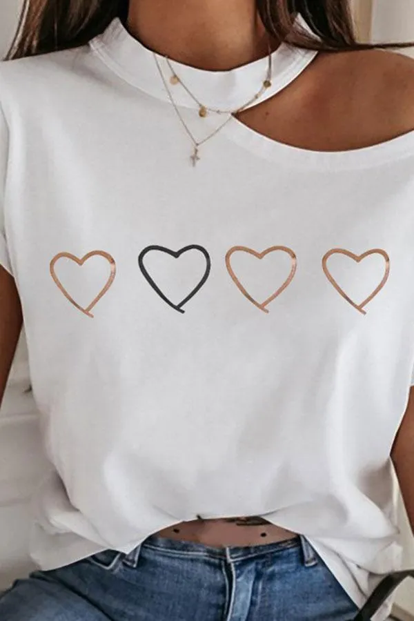 White Heart Print Cold Shoulder Smart T-Shirt