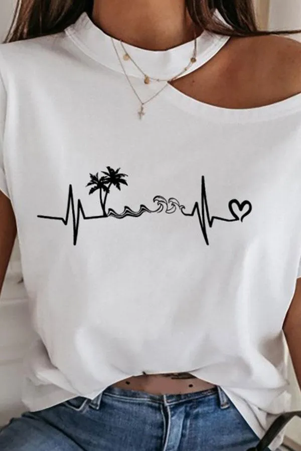 White Heart Print Cold Shoulder Smart T-Shirt