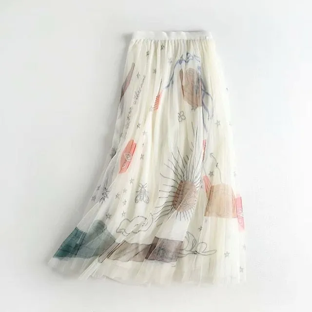Women Mesh Tulle Skirts Elastic High Waist Graffiti Print Long Skirts Female A-line Pleated Skirts Saias Femme Maxi Skirts