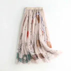 Women Mesh Tulle Skirts Elastic High Waist Graffiti Print Long Skirts Female A-line Pleated Skirts Saias Femme Maxi Skirts