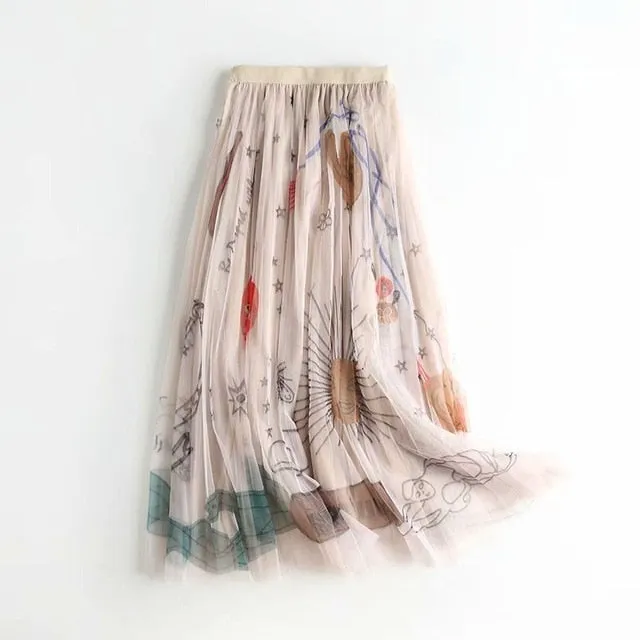 Women Mesh Tulle Skirts Elastic High Waist Graffiti Print Long Skirts Female A-line Pleated Skirts Saias Femme Maxi Skirts