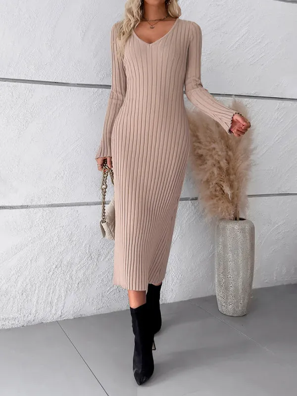 Women's new style elegant solid color v-neck long-sleeved sweater dress