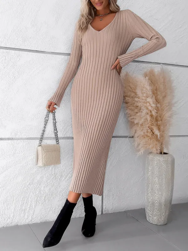 Women's new style elegant solid color v-neck long-sleeved sweater dress