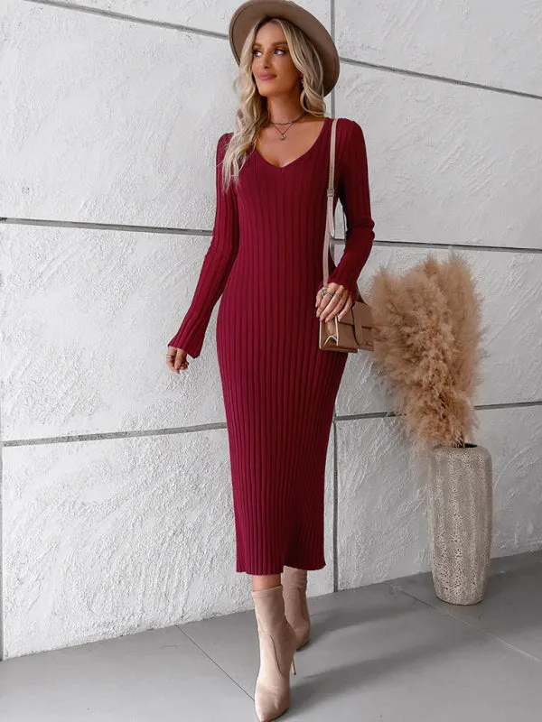 Women's new style elegant solid color v-neck long-sleeved sweater dress
