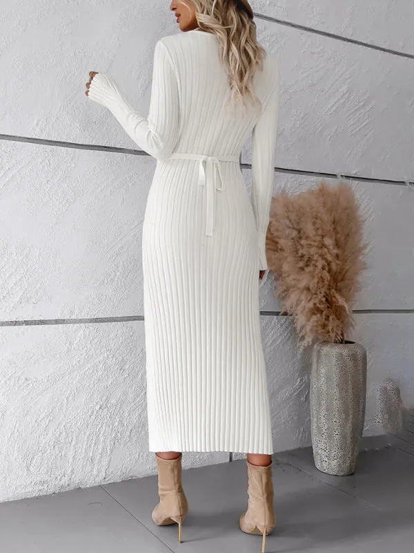 Women's new style elegant solid color v-neck long-sleeved sweater dress