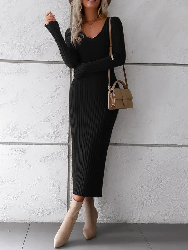 Women's new style elegant solid color v-neck long-sleeved sweater dress