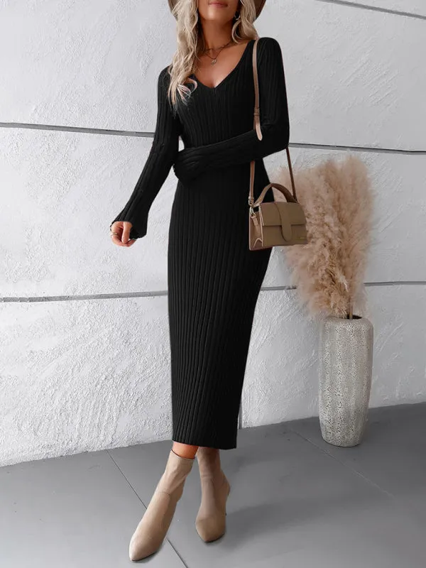 Women's new style elegant solid color v-neck long-sleeved sweater dress