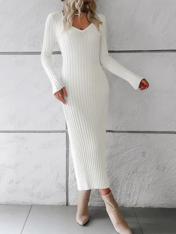 Women's new style elegant solid color v-neck long-sleeved sweater dress