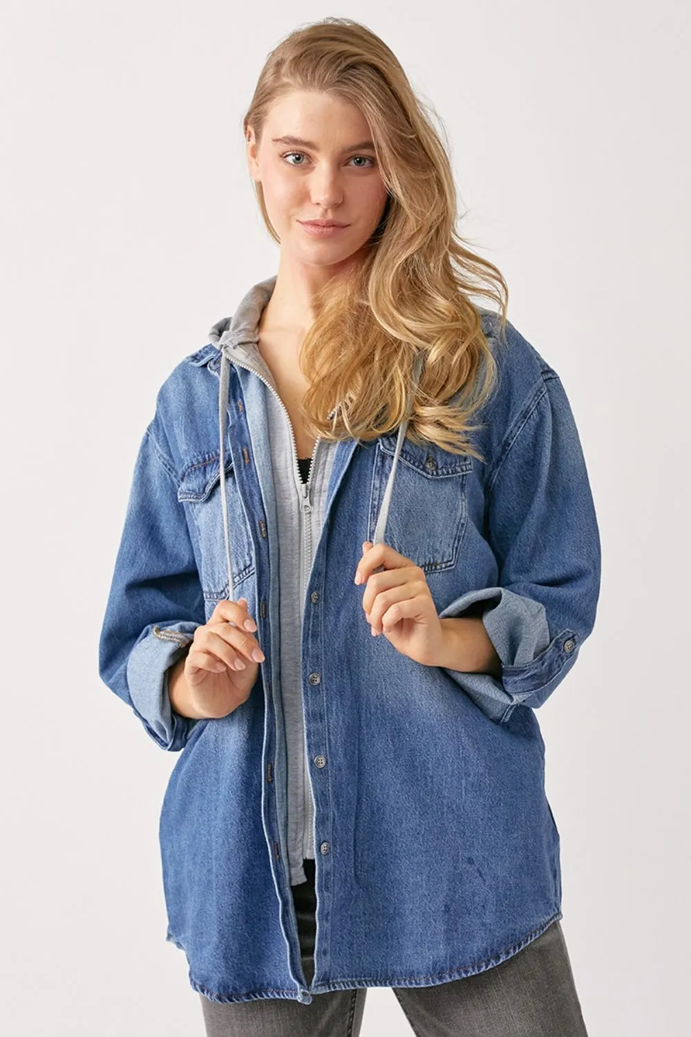 Women's RISEN Zip Up Hooded Denim Shirt