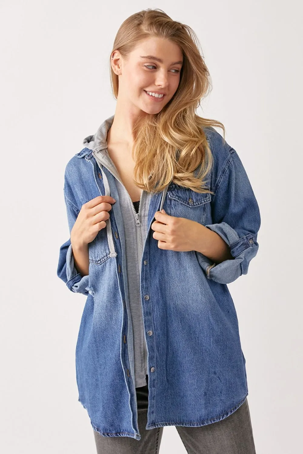 Women's RISEN Zip Up Hooded Denim Shirt