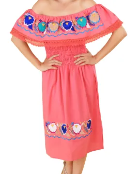 Womens Traditional Embroidered Manta Off Shoulder Dress Floral Loop Peach