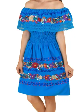 Womens Traditional Embroidered Manta Off Shoulder Dress Floral Royal Blue