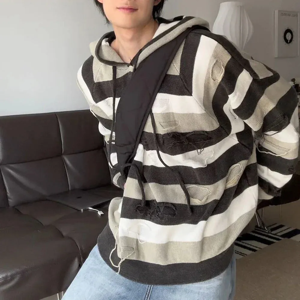 xiangtuibao Holed Striped Lazy Style Hooded Sweater Mens American Retro Loose Comfortable Casual Trendy Autumn Winter Knitted Sweater Jacket