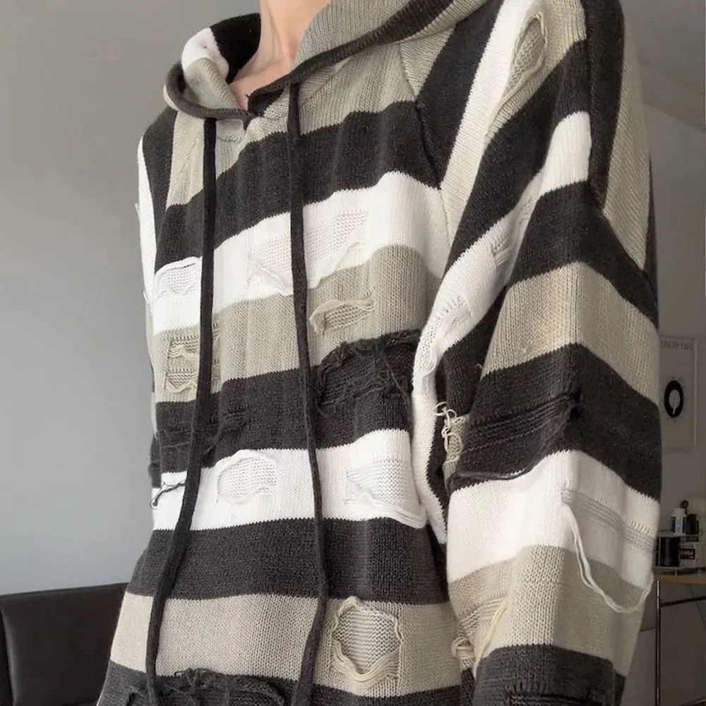xiangtuibao Holed Striped Lazy Style Hooded Sweater Mens American Retro Loose Comfortable Casual Trendy Autumn Winter Knitted Sweater Jacket
