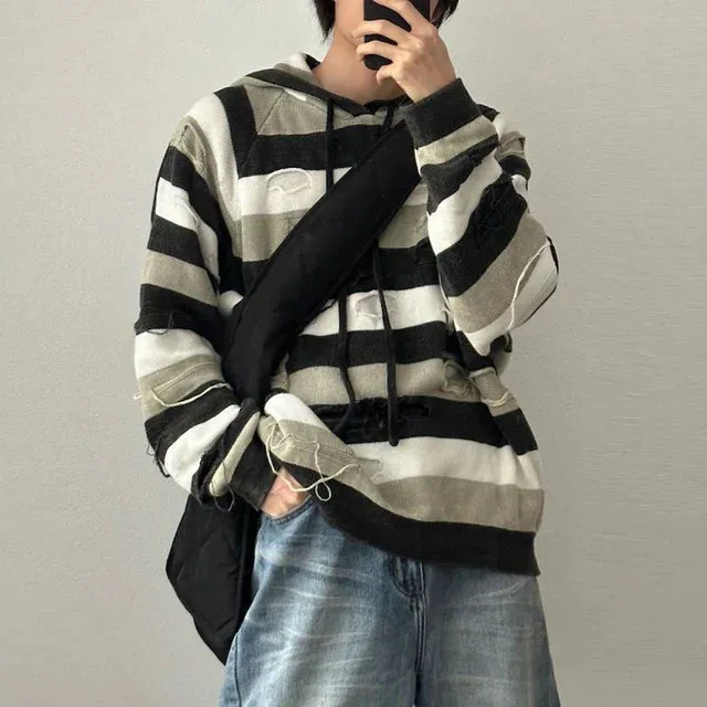 xiangtuibao Holed Striped Lazy Style Hooded Sweater Mens American Retro Loose Comfortable Casual Trendy Autumn Winter Knitted Sweater Jacket