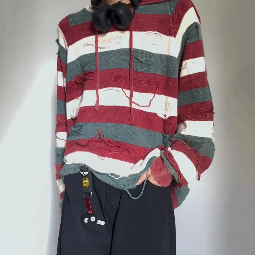 xiangtuibao Holed Striped Lazy Style Hooded Sweater Mens American Retro Loose Comfortable Casual Trendy Autumn Winter Knitted Sweater Jacket