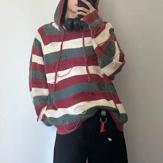 xiangtuibao Holed Striped Lazy Style Hooded Sweater Mens American Retro Loose Comfortable Casual Trendy Autumn Winter Knitted Sweater Jacket