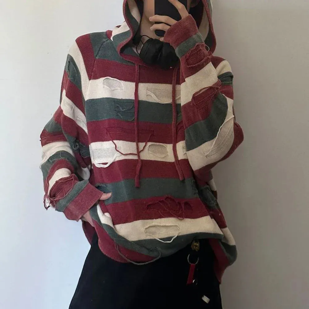 xiangtuibao Holed Striped Lazy Style Hooded Sweater Mens American Retro Loose Comfortable Casual Trendy Autumn Winter Knitted Sweater Jacket